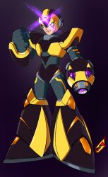  1boy arm_cannon arm_up armor black_armor black_gloves black_helmet commentary english_commentary facial_mark forehead_jewel full_body gloves glowing helmet highres looking_at_viewer mega_man_(series) mega_man_x_(series) mega_man_x_dive neon_lights neon_trim red_eyes shoulder_armor solo strike_sketch weapon x-kai_(mega_man) 