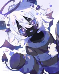  1girl :d black_skin blue_shirt blue_tongue blush_stickers colored_skin colored_tongue commentary_request cotono_(nazekun) demon_girl demon_tail demon_wings double-parted_bangs fangs hair_between_eyes halo hands_up highres long_sleeves looking_at_viewer open_mouth original shirt short_hair simple_background sleeves_past_fingers sleeves_past_wrists smile solo striped_clothes striped_shirt tail thick_eyebrows upper_body violet_eyes watermark white_background white_hair wings 