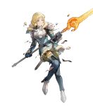  1girl armor belt blonde_hair blue_eyes boots breastplate fire_emblem fire_emblem:_three_houses fire_emblem_heroes fur_trim gloves high_heel_boots high_heels highres holding holding_weapon ingrid_brandl_galatea long_sleeves medium_hair non-web_source official_art polearm riz3 sheath sheathed shoulder_armor solo spear sword thigh_boots transparent_background weapon 