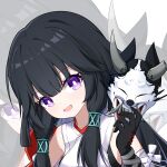  absurdres black_gloves black_hair gloves hair_between_eyes highres japanese_clothes long_hair mask nontraditional_miko oni_mask open_mouth punishing:_gray_raven selena_(punishing:_gray_raven) sidelocks sleeveless smile violet_eyes yeyou_(pwny8774) 