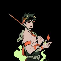  1boy ancient_greek_clothes armband artist_name black_background black_hair black_sclera colored_sclera commentary crystal greco-roman_clothes green_eyes hades_(series) hades_1 heterochromia holding holding_sword holding_weapon laurel_crown male_focus open_mouth over_shoulder poxeii red_armband red_eyes short_hair single_bare_shoulder skull_belt smile solo sword sword_over_shoulder toga untranslatable_commentary upper_body weapon weapon_over_shoulder zagreus_(hades) 