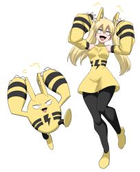  1girl :d arms_up bare_shoulders black_gloves black_pantyhose black_sleeves blonde_hair breasts commentary_request constricted_pupils creature_and_personification detached_sleeves dress electricity elekid fangs fingerless_gloves full_body gloves hair_ornament highres lightning_bolt_symbol long_hair looking_at_viewer medium_breasts nasu_(ilo_a5) open_mouth pantyhose personification pokemon pokemon_(creature) puffy_sleeves shoes simple_background sleeveless sleeveless_dress smile striped_sleeves twintails two-tone_sleeves white_background yellow_dress yellow_shoes yellow_sleeves 
