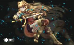 1girl absurdres afterimage armor artist_logo artist_name belt black_background black_dress boobplate boots breastplate breasts brown_armor brown_belt brown_boots brown_gloves brown_hair coat collared_dress dress elbow_gloves falling_shards floating_shards frilled_dress frills full_body gloves hair_tubes hands_up high_collar highres holding holding_sword holding_weapon leather leather_armor leather_boots logo long_hair long_sleeves medium_breasts metal_arm_cuffs metal_hair_tubes metal_wrist_cuffs neck_ribbon nev_(nevblindarts) open_clothes open_coat pauldrons pink_eyes pinstripe_dress pinstripe_pattern raphtalia red_dress red_ribbon ribbon short_dress shoulder_armor single_pauldron sleeveless sleeveless_dress solo straight_hair sword tate_no_yuusha_no_nariagari thigh_boots two-tone_dress weapon white_dress yellow_trim 