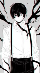  1boy bags_under_eyes collared_shirt commentary_request crow's_eye_view_(e.g.o) crying crying_with_eyes_open e.g.o_(project_moon) facing_viewer greyscale hair_between_eyes half-closed_eyes highres korean_commentary limbus_company long_sleeves looking_at_viewer male_focus monochrome project_moon ruminate01 shirt short_hair sleeves_rolled_up solo suspenders tears yi_sang_(project_moon) 