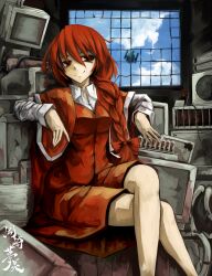  1girl binder blue_sky breasts cape character_name clouds collared_shirt commentary_request crack crossed_legs crt fire_extinguisher highres long_braid long_hair looking_at_viewer monitor nixie_tube okazaki_yumemi papers red_cape red_eyes red_hair red_skirt red_vest satellite sharp_chin shirt sitting skirt sky smile solo stack touhou touhou_(pc-98) tsuizi tube vest white_shirt white_wrist_cuffs window wrist_cuffs 