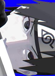  1boy black_eyes black_gloves black_hair black_headband blue_background commentary_request dirty dirty_face furrowed_brow g4imtomjcq33929 gloves headband highres holding holding_sword holding_weapon konohagakure_symbol looking_at_viewer male_focus naruto_(series) naruto_shippuuden pale_skin parted_lips sai_(naruto) short_hair solo sword weapon 