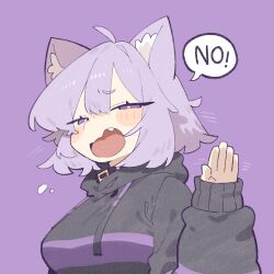  1girl ahoge animal_ear_fluff animal_ears black_hoodie blush_stickers cat_ears cat_girl cocomayo29_(tomato) commentary_request fang hololive hood hoodie korean_commentary looking_at_viewer medium_hair nekomata_okayu nekomata_okayu_(1st_costume) open_mouth purple_background purple_hair solo violet_eyes virtual_youtuber 