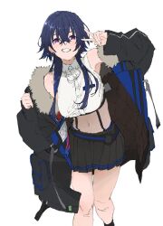  1girl bare_legs bare_shoulders black_hair black_jacket blue_hair breasts collared_shirt crop_top feet_out_of_frame fur-trimmed_jacket fur_trim grin hair_between_eyes hand_up highres ichinose_uruha ichinose_uruha_(4th_costume) jacket large_breasts long_hair looking_at_viewer marugayotsu midriff multicolored_hair navel off_shoulder shirt simple_background skirt sleeveless sleeveless_shirt smile solo streaked_hair suspenders v violet_eyes virtual_youtuber vspo! white_background white_shirt 