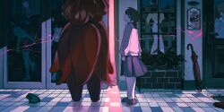  1boy 5girls absurdres arms_at_sides blood brown_hair building closed_mouth commentary_request crack creature different_reflection door fleebie frog half-closed_eyes head_back highres jellyfish_(yume_nikki) kasei-san kyukkyu-kun looking_at_viewer looking_back madotsuki mafurako medium_hair monoe monoko multiple_girls outdoors pink_light pink_sweater pleated_skirt poniko pool_of_blood purple_shoes purple_skirt reflection restaurant shitaisan shoes skirt storefront sweater takofuusen tile_floor tiles uchuujin_(uchuuseimeitai6) umbrella unusually_open_eyes window yume_nikki 