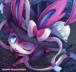  clothed_pokemon english_text halloween hat histoire-ange looking_at_viewer no_humans one_eye_closed open_mouth outdoors pokemon pokemon_(creature) solo sylveon watermark wizard_hat 