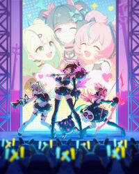  3girls absurdres angels_of_delusion aria_(discordant_note)_(zenless_zone_zero) aria_(zenless_zone_zero) backpack bag bangboo_(zenless_zone_zero) black_dress black_hair black_shorts blue_eyes boots bow_(weapon) detached_sleeves dress dual_wielding garter_straps glowstick green_eyes green_hair halo headphones highres holding holding_mace holding_weapon mace maid_headdress megaphone midriff multiple_girls nangong_yu nangong_yu_(rhapsody's_muse) navel over_shoulder pink_hair quad_tails red_eyes retto_7b shorts smile sunna_(afternoon_tea_break)_(zenless_zone_zero) sunna_(zenless_zone_zero) thigh-highs twintails weapon weapon_over_shoulder white_thighhighs wings zenless_zone_zero 