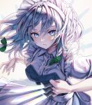  1girl absurdres braid closed_mouth commentary grey_eyes grey_hair highres holding holding_knife izayoi_sakuya knife looking_at_viewer maid maid_headdress side_braid solo torinari_(dtvisu) touhou twin_braids upper_body white_background 