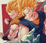  2boys back-to-back biceps blonde_hair blue_sash border bure_(fantasticyouth7) clenched_hands closed_mouth commentary_request dougi dragon_ball dragon_ball_z earrings frown gloves gogeta green_eyes hand_up highres jewelry looking_away male_focus metamoran_vest multiple_boys muscular muscular_male orange_shirt outside_border pants parted_lips potara_earrings red_background sash serious shirt short_sleeves simple_background spiky_hair super_saiyan super_saiyan_1 v-shaped_eyebrows vegetto vest white_border white_gloves white_pants 