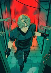  1boy absurdres black_gloves black_shirt black_shoes blue_eyes burasto chest_harness closed_mouth commentary door english_commentary fingerless_gloves gloves grey_pants hair_over_one_eye harness highres holster leon_s._kennedy male_focus one_eye_covered pants parted_hair resident_evil shirt shoes short_sleeves thigh_holster tile_floor tiles walking zombie 