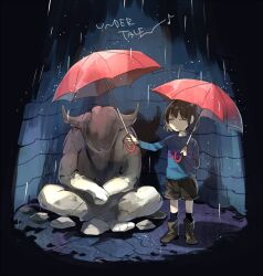1other 2017 2d ambiguous_gender black_background black_socks blue_shirt boots brown_boots brown_hair brown_shorts child commentary copyright_name digital_media double_horizontal_stripe english_text frisk_(undertale) full_body holding holding_umbrella horizontal-striped_clothes human in-universe_location kyouichi long_sleeves other_focus pink_stripes rain shirt short_hair shorts simple_background socks solo standing striped_clothes striped_shirt text two-tone_shirt umbrella undertale utdr_(toby_fox) waterfall_(undertale)