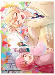  2boys 2girls :d backpack bag balloon blazer blonde_hair blue_hair bob_cut bow bowtie cardigan closed_mouth commentary_request confetti cotton_candy diagonal-striped_necktie fingernails food green_hair grey_cardigan hair_between_eyes highres hina_wonder holding holding_food indoors jacket kamishiro_rui kamiyama_high_school_uniform_(project_sekai) kusanagi_nene long_hair long_sleeves miyamasuzaka_girls&#039;_academy_school_uniform multicolored_hair multiple_boys multiple_girls one_eye_closed ootori_emu open_mouth orange_eyes orange_hair pink_cardigan pink_eyes pink_hair pocket project_sekai purple_hair school_uniform short_sleeves sleeves_rolled_up smile streaked_hair string_of_flags teeth tenma_tsukasa upper_teeth_only violet_eyes wonderlands_x_showtime_(project_sekai) yellow_cardigan yellow_eyes 