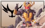  1boy absurdres agito_(ground_form) altering_(agito) armor black_bodysuit bodysuit broken_armor broken_horn commentary fighting_stance fingernails giganticbrush gold_armor gold_horns highres horns kamen_rider kamen_rider_agito kamen_rider_agito_(series) open_hand rider_belt sharp_fingernails solo stag_beetle tokusatsu 