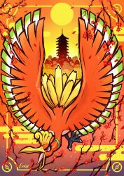  animal_focus beak bird commentary english_commentary enise highres ho-oh no_humans open_mouth pagoda pokemon pokemon_(creature) pokemon_focus red_eyes sky solo sun talons tongue wings 