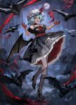  1girl :d absurdres alternate_costume ascot bat_(animal) bat_wings black_dress black_footwear blood blood_on_hands blue_hair dress full_body hat hat_ribbon henginnnnnn high_heels highres looking_at_viewer mob_cap open_mouth outdoors red_ascot red_eyes red_ribbon remilia_scarlet ribbon short_hair smile standing standing_on_one_leg touhou white_headwear wings 