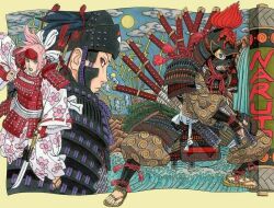 1girl armor fighting_stance haruno_sakura katana medium_hair multiple_boys multiple_swords naginata naruto naruto_(series) official_art samurai short_hair uchiha_sasuke uzumaki_naruto