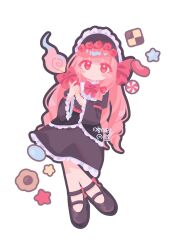  1girl aimaisa_kaihi artist_name black_bonnet black_dress black_shoes blush_stickers bonnet bow bowtie candy checkerboard_cookie closed_mouth cookie dress expressionless food full_body gothic_lolita highres holding holding_candy holding_food holding_lollipop kotonoha_akane lace-trimmed_dress lace_trim lolita_fashion lollipop long_hair long_sleeves looking_at_viewer mary_janes peppermint pink_hair red_bow red_bowtie red_eyes ringlets shoes simple_background solo sour_cherry_ga_kagayaita_kara_(neutrino) star_(symbol) swirl_lollipop voiceroid white_background 