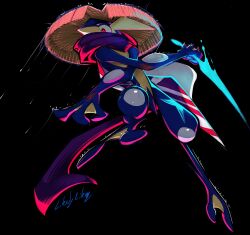  black_background frog full_body greninja hat highres kunai likey pokemon pokemon_(creature) red_eyes simple_background straw_hat tongue tongue_out water weapon 