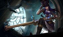  1girl absurdres belt bird blue_eyes blue_hair blue_pants boots breasts brown_belt caitlyn_(league_of_legends) closed_mouth commentary_request crosshair dress feathers frilled_dress frills from_below gloves glowing gun hat hat_over_one_eye highres holding holding_gun holding_unworn_clothes holding_unworn_hat holding_weapon jason_chan knee_boots knee_pads league_of_legends leather leather_boots leather_gloves long_hair looking_at_viewer looking_down medium_breasts official_art one_eye_covered pants pigeon purple_dress purple_hat rifle scope short_sleeves sky smoke sniper_rifle solo standing steampunk stepping_on_object thigh_belt thigh_strap thighs third-party_source top_hat unworn_hat unworn_headwear v-shaped_eyebrows weapon window 