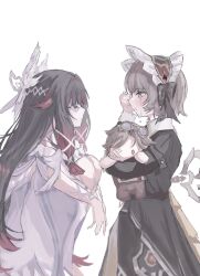  2girls aged_down alain_guillotin black_bow black_dress black_hair bonnet bow brown_hair closed_eyes collar columbina_(genshin_impact) crying dress eye_mask from_side genshin_impact gradient_hair hair_bow hair_ornament head_wings highres holding holding_stuffed_toy long_hair long_sleeves mask multicolored_hair multiple_girls multiple_wings nayuta_(8888_mugen) purple_hair purple_streaks ribbon sandrone_(genshin_impact) see-through_clothes see-through_mask short_hair simple_background squatting streaked_hair stuffed_toy very_long_hair white_background white_bow white_collar white_dress white_headdress white_mask white_ribbon white_wings winding_key wing_hair_ornament wings wrist_bow x-shaped_eyewear 
