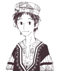  1boy adachi_tooru african_clothes alternate_costume dashiki greyscale inkerton-kun looking_at_viewer lowres male_focus monochrome no_sclera persona persona_4 short_hair short_sleeves simple_background smile solo upper_body white_background 