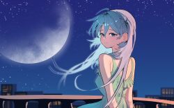  1girl absurdres arahashi_tabi arms_at_sides blue_eyes blue_hair blue_sky closed_mouth commentary_request dimdor double-parted_bangs dress floating_hair from_behind green_dress hair_between_eyes highres korean_commentary long_bangs looking_at_viewer looking_back moon night outdoors sky sleeveless sleeveless_dress solo star_(sky) stellive turning_head twintails upper_body virtual_youtuber wind 