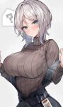  1girl ? absurdres blue_eyes blush breasts brown_sweater closed_mouth faust_(limbus_company) highres kuroshiro_kanae large_breasts limbus_company long_sleeves project_moon ribbed_sweater short_hair simple_background solo sweater turtleneck turtleneck_sweater white_hair 