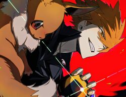  1boy black_shirt blue_oak brown_eyes brown_hair collared_shirt commentary_request eevee grin highres holding holding_poke_ball jewelry kunyamon_busy male_focus necklace open_collar poke_ball pokemon pokemon_frlg popped_collar red_background shirt short_hair smile solo ultra_ball 