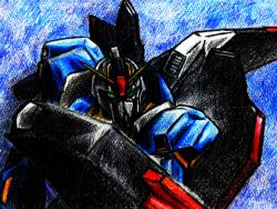  1980s_(style) aeug blue_sky commentary_request crayon_(medium) green_eyes gundam mecha mecha_focus mobile_suit no_humans portrait retro_artstyle robot scan science_fiction shield sketch sky traditional_media upper_body user_ahyc4773 v-fin zeta_gundam zeta_gundam:_a_new_translation zeta_gundam_(mobile_suit) 