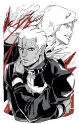  2boys blood blood_on_hands brothers cassock commentary_request dark-skinned_male dark_skin egg_(cknlun) enrico_pucci fake_horns fur_hat hat highres horned_hat horned_headwear horns jojo_no_kimyou_na_bouken male_focus multiple_boys partially_colored siblings spikes stone_ocean weather_report 