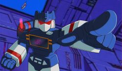  1boy artist_logo assault_visor clenched_hand covered_mouth decepticon highres indoors insignia logo looking_at_viewer mecha no_humans no_mouth pointing pointing_at_viewer red_eyes red_visor robot science_fiction shoulder_cannon solo soundwave_(transformers) strike_sketch transformers transformers:_generation_1 upper_body weapon 