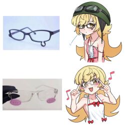  1girl :d adjusting_eyewear apron arms_at_sides aviator_cap aviator_goggles back_bow bare_shoulders black-framed_eyewear blonde_hair blush_stickers bow bow_apron center_frills closed_mouth collarbone commentary dot_mouth dress dress_ribbon fangs finger_on_eyewear flat_chest flipped_hair frills from_side glasses goggles goggles_on_headwear green_helmet hair_between_eyes hair_flaps halterneck hands_up helmet highres light_blush long_hair looking_at_viewer monogatari_(series) multiple_views musical_note open_mouth oshino_shinobu photo-referenced photo_inset pink_dress red_bow red_ribbon reference_inset ribbon ricman_rt ringed_eyes sidelocks sleeveless sleeveless_dress smile square_neckline strap_slip sundress teardrop-framed_glasses untranslatable_commentary upper_body white_apron white_background white_bow yellow_eyes 