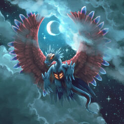  alt_text animal_focus clouds commentary crescent_moon dragon english_commentary fangs feathers flying friedunicornstudio full_body highres moon night no_humans open_mouth pokemon pokemon_(creature) pokemon_focus roaring_moon sky solo star_(sky) starry_sky 