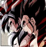  2boys absurdres black_hair body_fur brown_hair closed_mouth dragon_ball dragon_ball_gt green_eyes highres male_focus monkey_boy multiple_boys muscular muscular_male no_nipples pectorals red_fur saiyan son_goku spiky_hair super_saiyan super_saiyan_4 ushi_(akabec0) vegeta yellow_eyes 