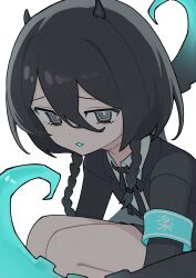  1girl absurdres armband asymmetrical_hair black_eyes black_hair black_jacket black_ribbon blue_armband blue_tongue braid colored_tongue feet_out_of_frame furrowed_brow hair_between_eyes half-closed_eyes highres horns indie_virtual_youtuber jacket long_sleeves looking_at_viewer looking_to_the_side low_twin_braids nama100 neck_ribbon open_mouth ribbon ringed_eyes simple_background solo squatting stitched_neck stitches tentacles twin_braids virtual_youtuber white_background yamata_ia 