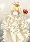  1boy ahoge blonde_hair cape closed_mouth coat crown formal hotori_tadase looking_at_viewer male_focus pink_eyes platinum_royale scepter shirt shugo_chara! smile solo unya_(unya-unya) white_cape white_shirt yellow_cape yellow_coat 