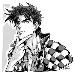  1boy battle_tendency egg_(cknlun) hand_on_own_chin jacket jojo_no_kimyou_na_bouken joseph_joestar joseph_joestar_(young) looking_at_viewer male_focus monochrome necktie padded_jacket portrait smirk solo 