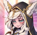  1girl blonde_hair blush broken_covenant_xayah brown_hood closed_mouth day ears_through_headwear emphasis_lines grey_eyes hood hood_up league_of_legends long_hair phantom_ix_row pink_background pointy_ears portrait slit_pupils solo xayah 