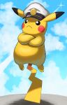  :&lt; black_eyes bright_pupils captain_pikachu closed_mouth clothed_pokemon clouds commentary_request crossed_arms day frown hat highres jira_(ziraiya26) looking_up no_humans outdoors pikachu pokemon pokemon_(creature) sky solo white_pupils 