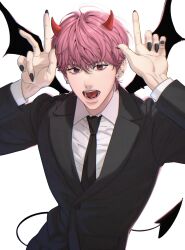  an_sso_o arms_up bamby_(plave) black_nails black_necktie black_wings commentary demon_horns demon_tail demon_wings fingernails hair_between_eyes highres horns horns_pose index_fingers_raised k-pop korean_commentary looking_at_viewer male_focus necktie open_mouth pink_eyes pink_hair plave red_horns sharp_fingernails short_hair simple_background solo suit tail teeth tongue white_background wings 