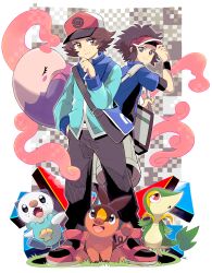  2boys absurdres baseball_cap black_hair blue_bag blue_jacket brown_eyes brown_hair colored_smoke commentary_request full_body hat highres hilbert_(pokemon) jacket male_focus multiple_boys musharna nate_(pokemon) oshawott pokemon pokemon_(creature) pokemon_bw pokemon_bw2 shoes sim_sb_(pixiv121308470) smoke snivy standing starter_pokemon_trio tepig visor_cap wristband 