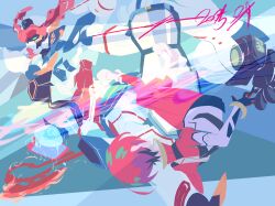  1girl absurdres amate_yuzuriha boots commentary_request echoo ejection floating gloves gquuuuuux gundam gundam_gquuuuuux highres mecha red_hair robot short_hair skin_tight weapon 