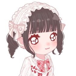  1girl :3 black_hair blunt_bangs blush bow bowtie character_request chibi closed_mouth commentary_request copyright_request deformed dress drill_hair earrings frilled_headwear guest_art heart heart-shaped_pupils idol jewelry lace-trimmed_dress lace_trim long_sleeves looking_at_viewer medium_hair nekomaru0817 pastel_colors pink_bow pink_bowtie sidelocks simple_background smile solo symbol-shaped_pupils white_background white_bow white_dress white_headdress 