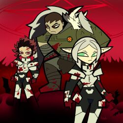  1girl 2boys armor blood blood_on_clothes brown_helmet closed_mouth commentary doom_(series) doomguy earrings elf english_commentary frieren green_armor green_eyes hanafuda_earrings hellaverse helluva_boss helmet highres invincible_(series) jewelry kamado_tanjirou kimetsu_no_yaiba loona_(helluva_boss) missing_headwear multiple_boys nosfracula pointy_ears red_eyes red_hair scar short_hair signature sousou_no_frieren spikes twintails white_hair 