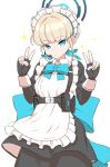  1girl absurdres apron black_gloves blue_archive blue_bow blue_bowtie blue_eyes blue_ribbon bow bowtie chest_harness closed_mouth cowboy_shot double_v earpiece expressionless fingerless_gloves gloves halo harness highres light_blush light_brown_hair long_sleeves looking_at_viewer maid maid_apron maid_headdress pero_(pero7762) ribbon sidelocks simple_background solo sparkle toki_(blue_archive) v white_apron white_background 