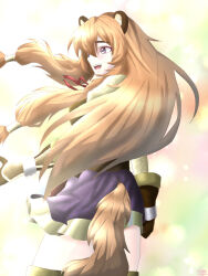  1girl :d animal_ear_fluff animal_ears black_dress boots brown_boots brown_gloves brown_hair commentary_request dress elbow_gloves floating_hair from_behind gloves hair_tubes layered_dress leather leather_gloves long_hair long_sleeves looking_to_the_side messy_hair metal_hair_tubes metal_wrist_cuffs neck_ribbon open_mouth raccoon_ears raccoon_girl raccoon_tail raphtalia red_ribbon ribbon short_dress sleeveless sleeveless_dress smile solo tail tate_no_yuusha_no_nariagari teeth thigh_boots tongue tx_03_06 violet_eyes yellow_dress zettai_ryouiki 